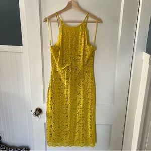 Yellow ZARA Chartreuse Lace High Neck Midi dress